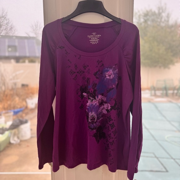 Faded Glory Tops - Faded Glory Purple Graphic Top Women's XL NWT Y2K Floral Butterfly Long Sleeve
